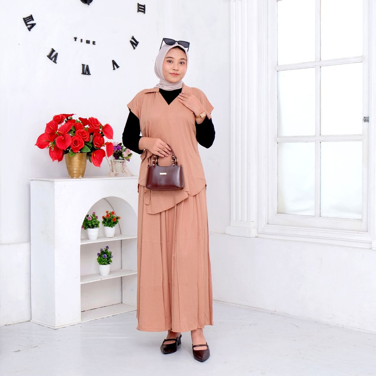 Set rok kimono rayon twill warna moca